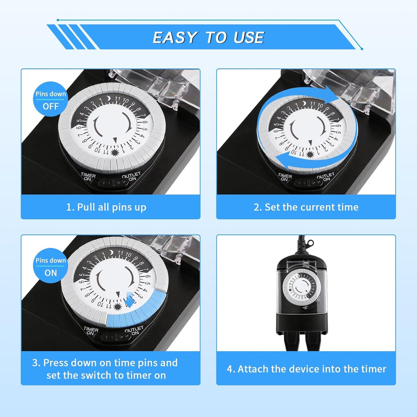 Outdoor Timer Outlet Waterproof, 24 Hour Mechanical Timer Outlet for Home and Garden, 2 Grounded, 15A 3/4HP, Black, 2 Pack