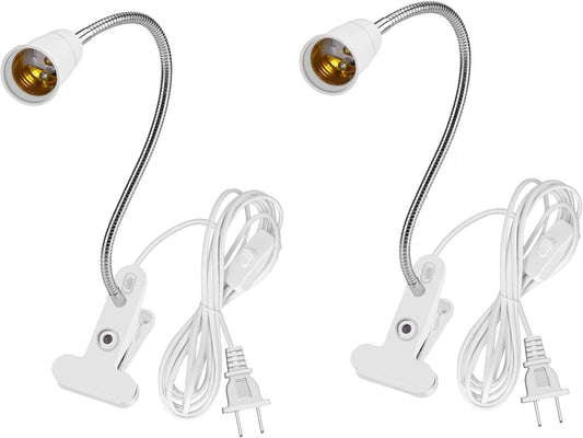 Aluminum Wire Neck Clip Light Socket, 2-Pack Desk Clip Clamp Lamp Holder Adjustable Light Stand With Switch 6.8ft Cable E26/E27 Clip Lamp Fixture for Aquarium Plant Grow