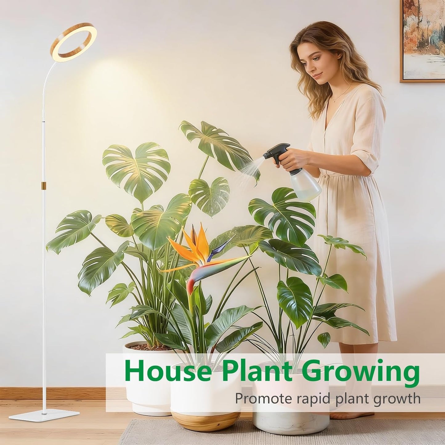 One Head Grow Light for Indoor Plants Full Spectrum - Floor Standing Plant Lamp with Auto Timer 6/12/18H, 5-Level Dimmable & Adjustable Height 16.5-68in for Large Tall Plants |Faux Wood Design