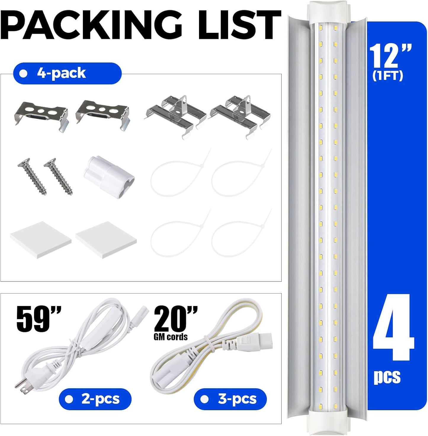 Barrina T8 Grow Lights for Indoor Plants, 5000K White Full Spectrum Grow Light Strip, 60W(4 x 15W), 1FT Plant Light for Greenhouse Indoor Growing, V-Shape with Reflector, Linkable, 4 Packs