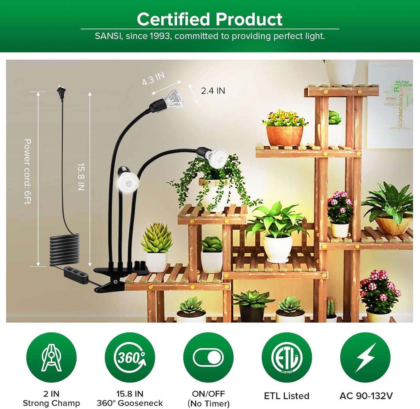 SANSI LED Grow Lights for Indoor Plants, 450W Full Spectrum Gooseneck Clamp Grow Lamp, 30W Power Plant Light with High PPFD for Seeding, Lifetime Free Bulb Replacement Plant Lights for Indoor, 3 Head