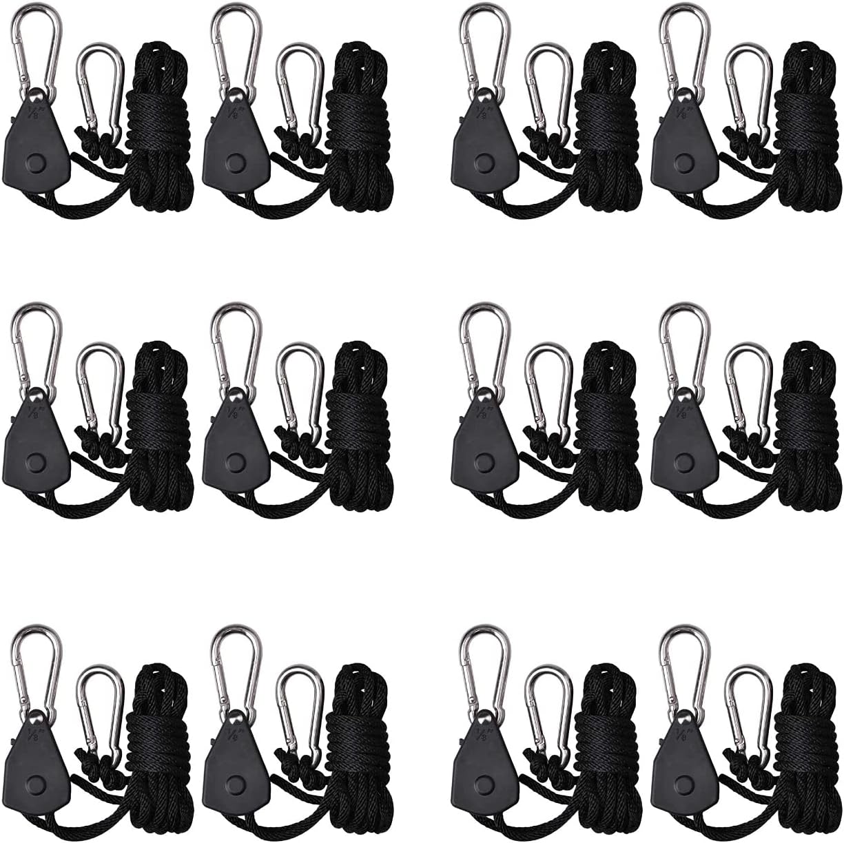 6 Pairs 1/8 inch Adjustable Heavy Duty Rope Hanger for Grow Light, Grow Tent Rope Clip Hanger Loose-Proof Design Light Fixture Hangers, 150lbs Weight Capacity 12 Pcs