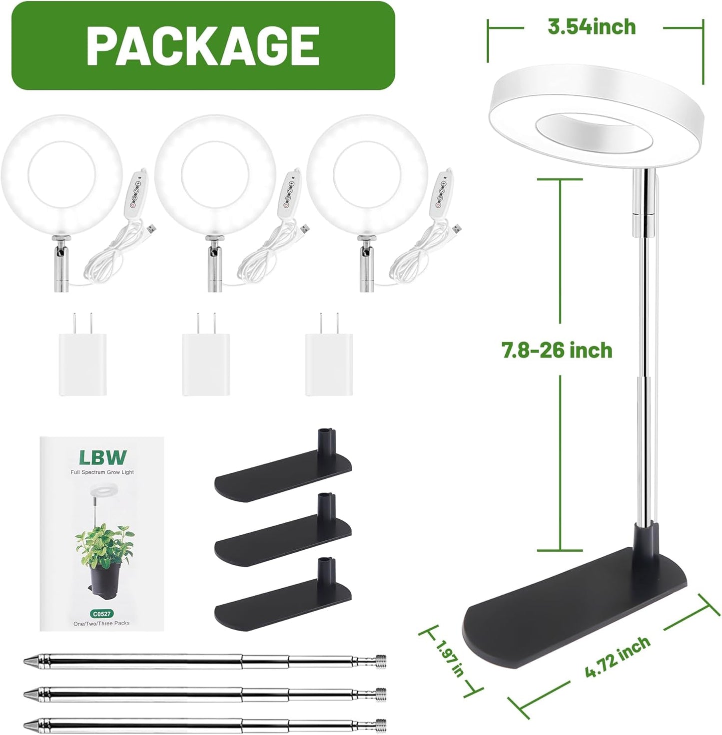 LBW Grow Light for Indoor Plants, Height Adjustable Plant Grow Lamp with Auto On/Off Timer 6/8/12/16H, 3 Colors,5 Dimmable Brightness, for Small Plants, White, 3 Packs