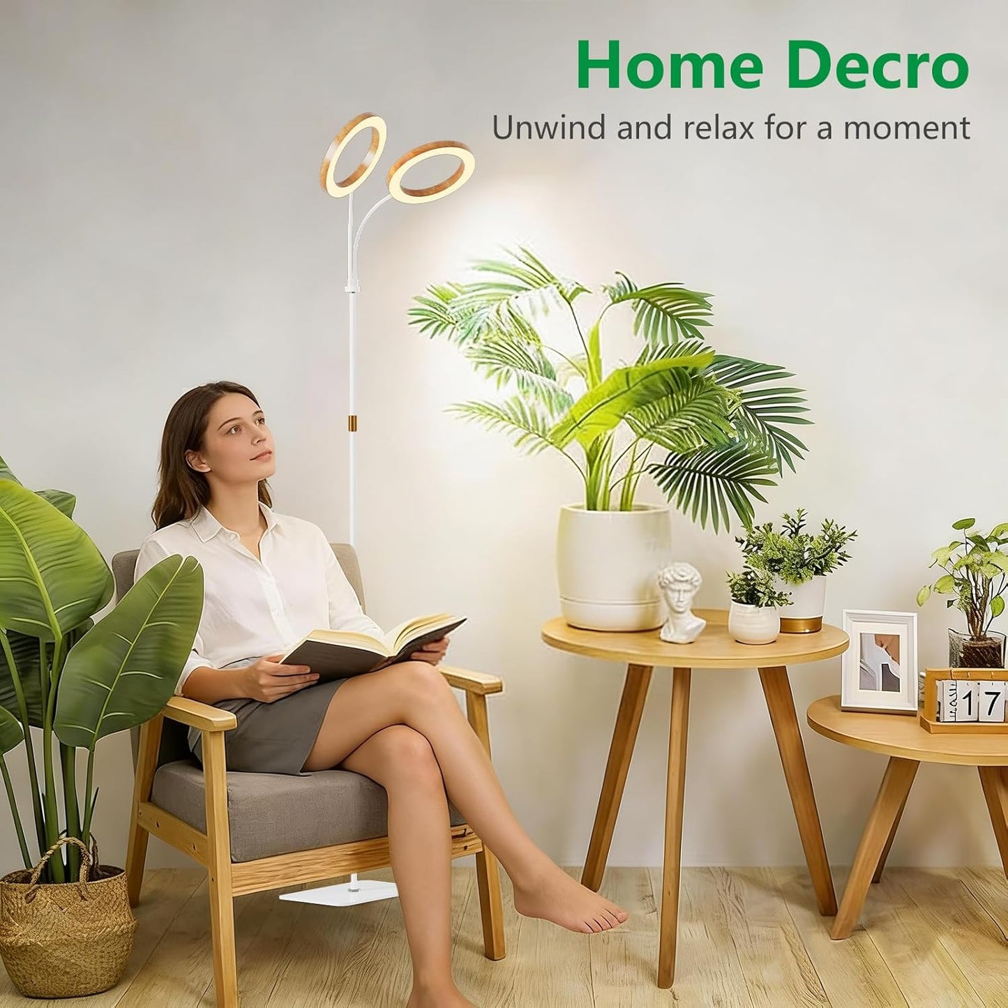 Dual Head Grow Light for Indoor Plants Full Spectrum-Floor Standing Plant Lamp with Auto Timer 6/12/18H, 5-Level Dimmable & Adjustable Height 16.5-68in for Large Tall Plants | Faux Wood Design