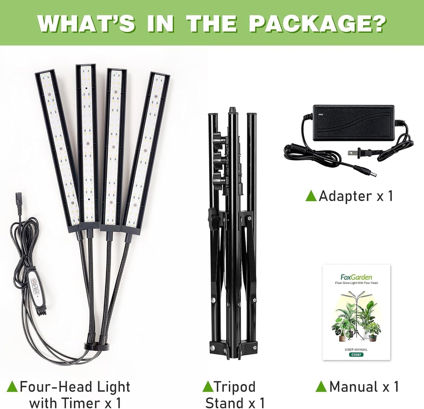 FOXGARDEN Grow Lights for Indoor Plants Full Spectrum with Tripod Stand, Tall Grow Lights for Indoor Growing with Flexible Gooseneck, Four-Head Plant Light with 4/8/12H Timer & 4 Brightness Levels
