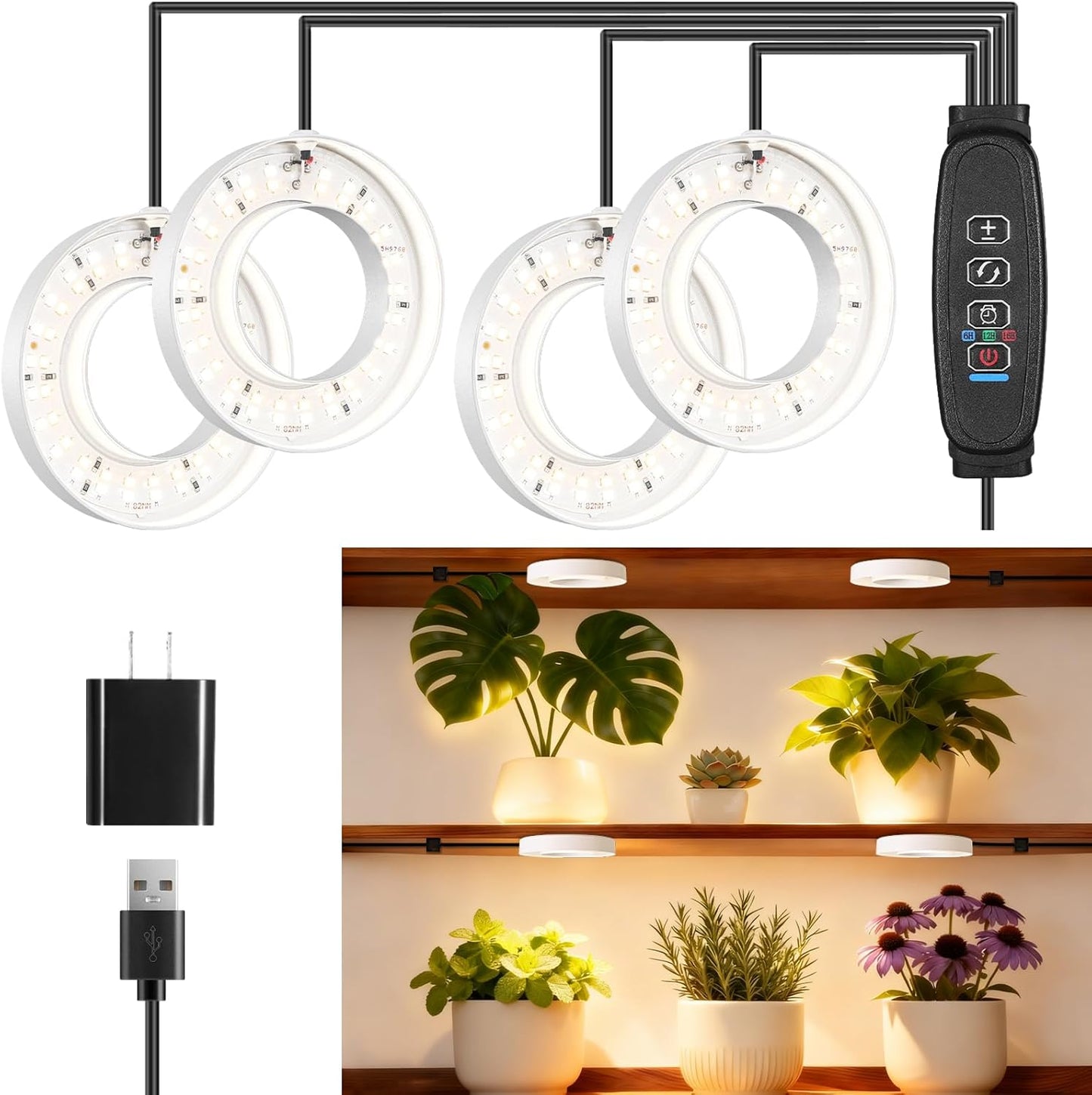 LED Plant Growth Lights for Indoor Plants, Warm+White Full Spectrum 3.54" Grow Lamps for Plant Growth with 6/12/16H Timer, 3 Spectral Modes, 10 Dimmable Levels, Halo Angel Ring White (4 Head)