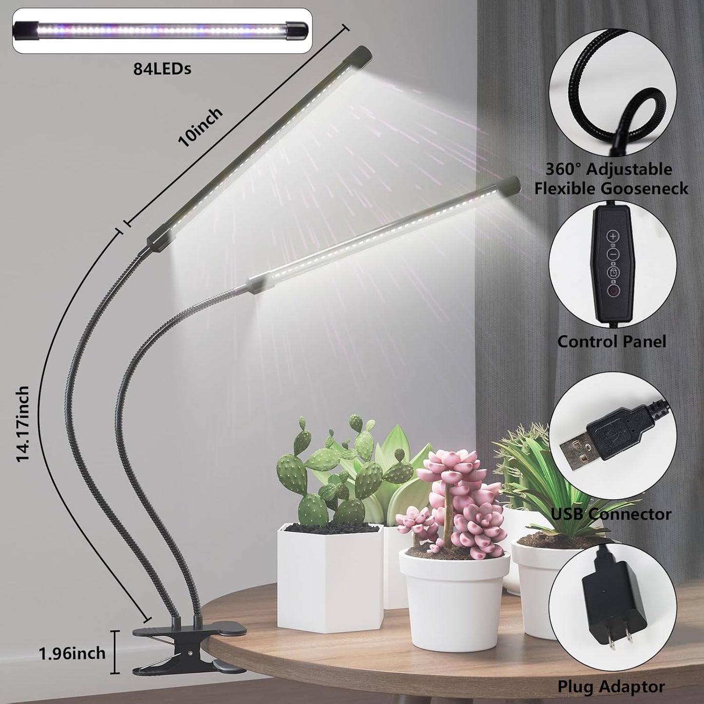 GHodec Grow Light,Full Spectrum White 84 LED Clip Plant Lights for Indoor Plants Growing, 4/8/12H Timer & 5 Dimmable Levels (80W)