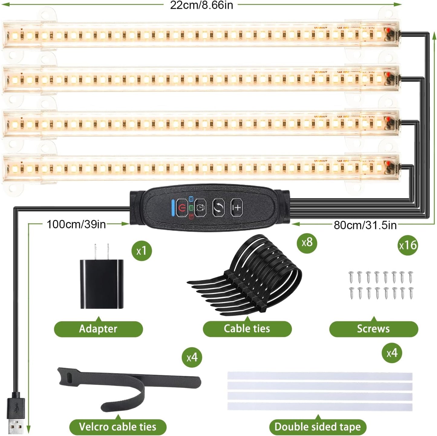 8.6'' LED Grow Light Strips, Full Spectrum 3500K Grow Lights for Indoor Plants, 4 Head with 3/9/12H Timer, 10 Dimmable Levels, Suitable for Seedling, Succulent, Plant Shelf and Greenhouse, 1-Pack