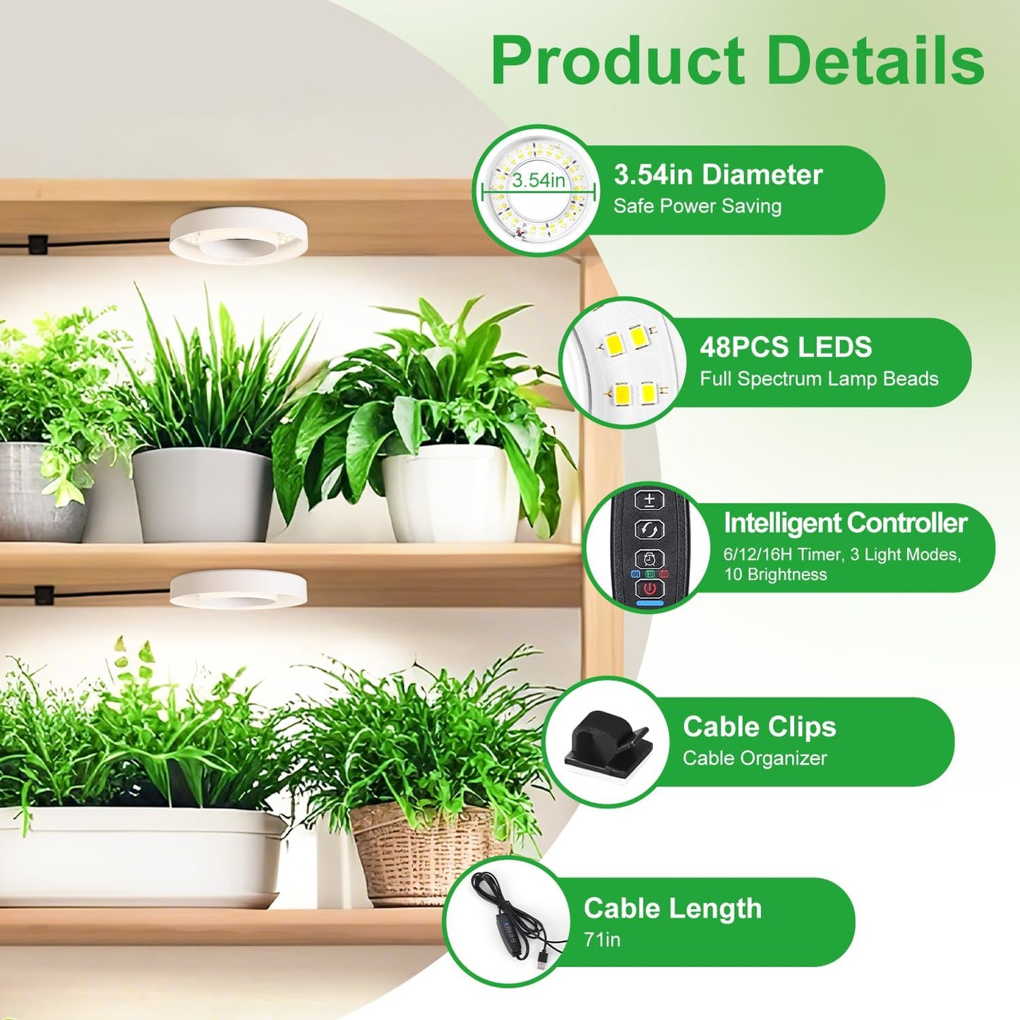 Ceiling LED Plant Growth Lights for Indoor Plants, Warm+White Full Spectrum 3.54" Grow Lamps for Plant Growth with 6/12/16H Timer, 3 Spectral Modes, 10 Dimmable Levels, Halo Angel Ring White (2 Head)
