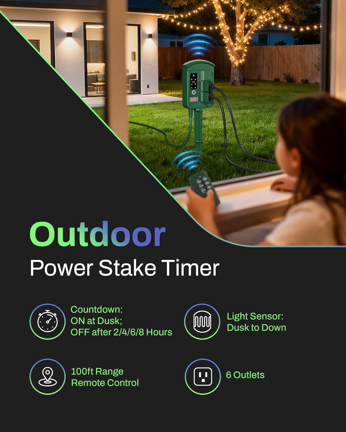BN-LINK Outdoor Power Stake with Dusk to Dawn Timer, Waterproof 6 Grounded Outlets, 6FT Cord, 100FT Remote Control, Heavy Duty Outdoor Plug for Christmas Lights, Yard, Garden, ETL Listed