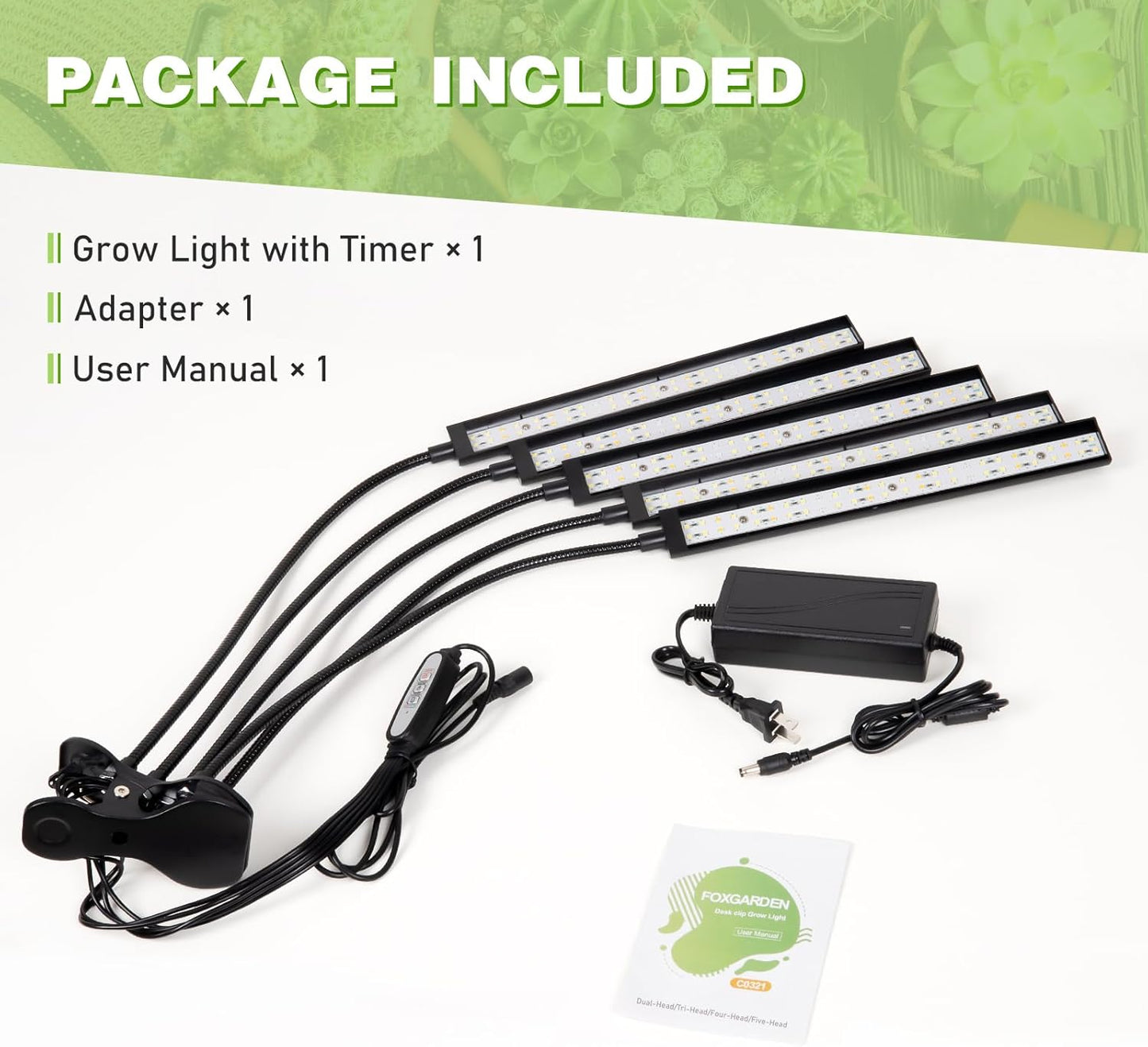 FOXGARDEN Grow Lights for Indoor Plants Full Spectrum, Plant Lights for Indoor Growing with Timer 4/8/12 H, Five-Head 260 LED Clip Grow Lamp with Gooseneck, 4 Brightness Levels for Plant Growing