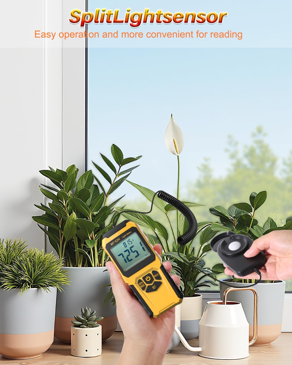 MT-92H Light Meter with Split Sensor Lux/Foot Candles Meter 500ms Refresh Rates Range up to 200,000 Lux Switchable Backlight Temperature Measurer 14℉-140℉