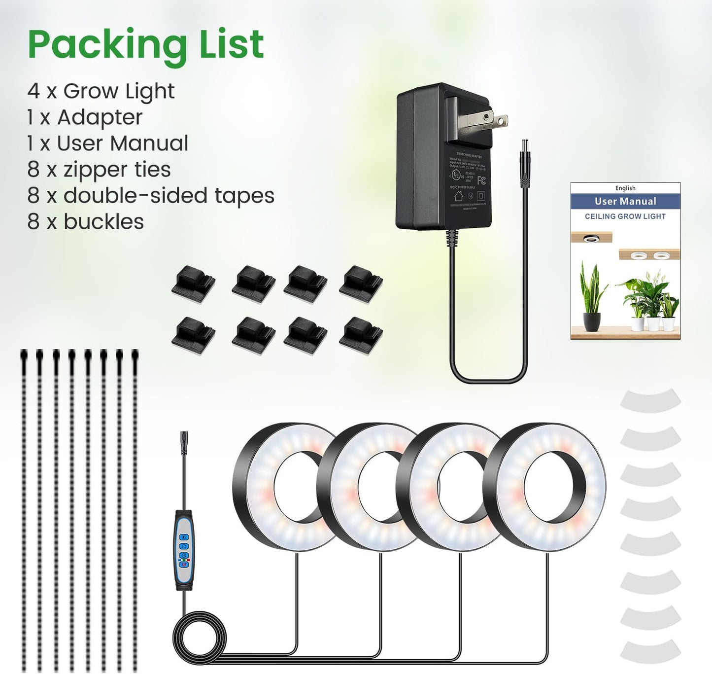 Wiaxulay Grow Lights for Indoor Plants, 192 LED Full Spectrum Plant Lights for Indoor Growing, 12V/2A Under Cabinet Grow Lamp with Auto Timer 6/12/16 Hrs, 3 Lighting Mode, 5 Brightness, Four Head