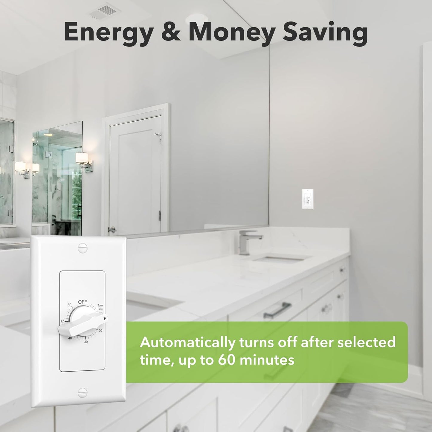 BN-LINK 60 Minute Spring Wound Bathroom Fan Timer Switch, Mechanical Countdown Light Switch Timer for Exhaust Fan & Lights, No Neutral Required, Wall Plate Included, ETL Listed, 1 Pack