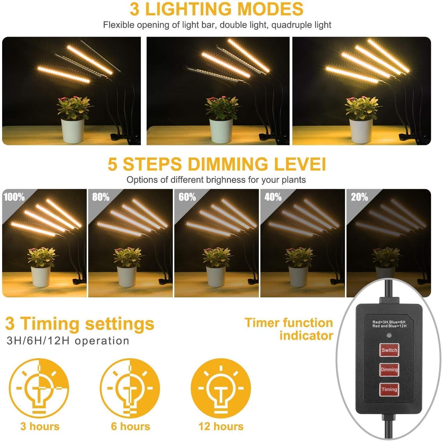 EZORKAS LED Grow Light, 4 Head Timing, 5 Dimmable Levels, Plant Grow Light for Indoor Plant with Full Spectrum, Adjustable Goosencck, 3/6/12H Timer, 3 Switch Modes