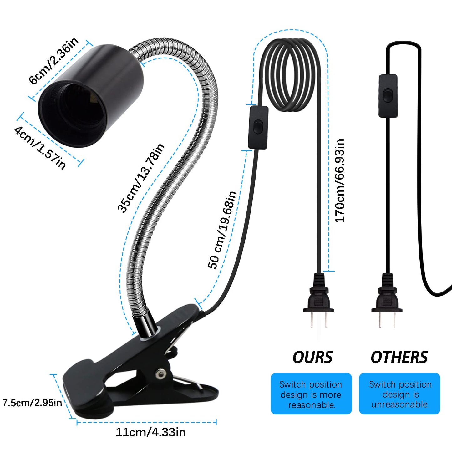 E26/E27 Desk Clip Lamp Holder Wire Neck Clip Holder Clamp Clip on Light Flexible Gooseneck Clamp Light Socket Table Light Adapter for Plant Grow