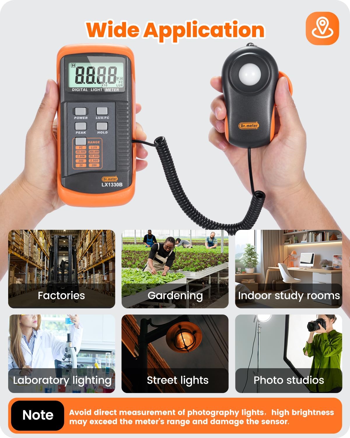 Dr.meter LX1330B Digital Illuminance Light Meter, 0-200,000 Measurement Range Lux Meter, Lighting Intensity Brightness Measurement for Indoor Outdoor, Light Meters for Plants