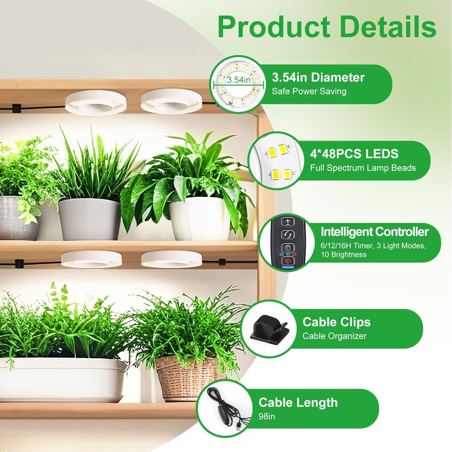 LED Plant Growth Lights for Indoor Plants, Warm+White Full Spectrum 3.54" Grow Lamps for Plant Growth with 6/12/16H Timer, 3 Spectral Modes, 10 Dimmable Levels, Halo Angel Ring White (4 Head)