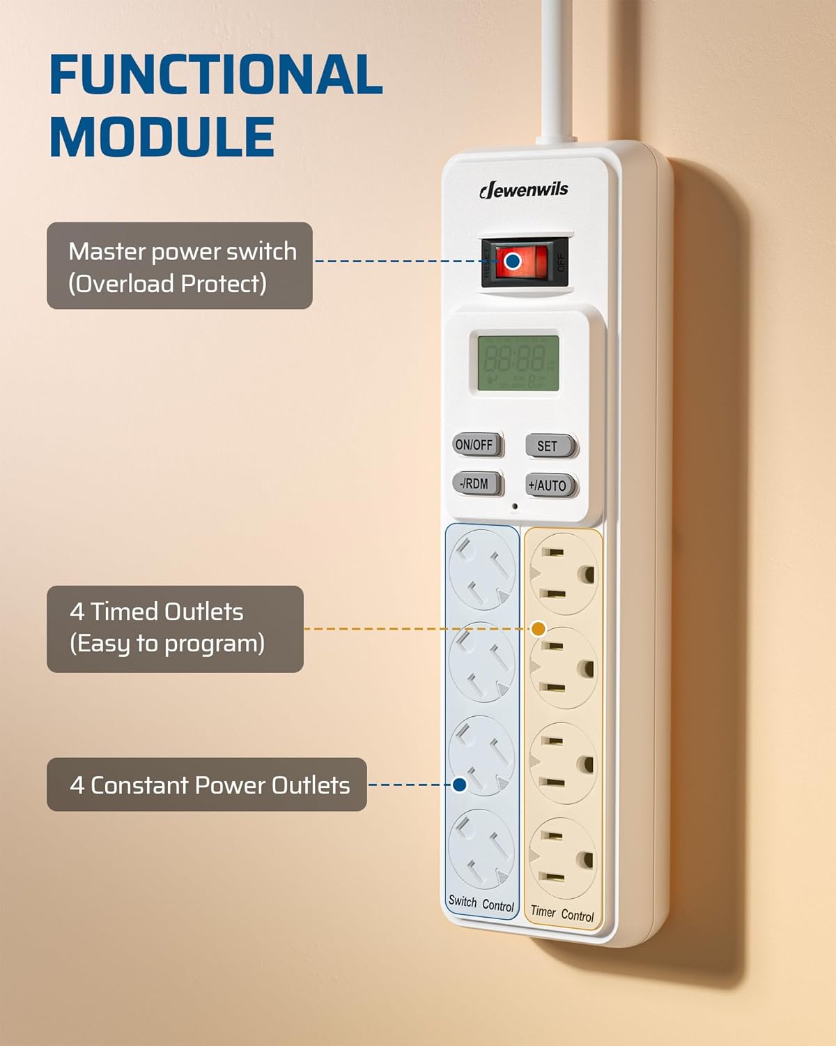 DEWENWILS 8-Outlet Power Strip with Timer (4 Timed/ 4 Always On), Digital Timer Outlet for Reptile Light, Turtle Grow Light Indoor Bearded Dragon Tank Accessory Aquarium, 6ft SJT Cord, 15A UL Listed