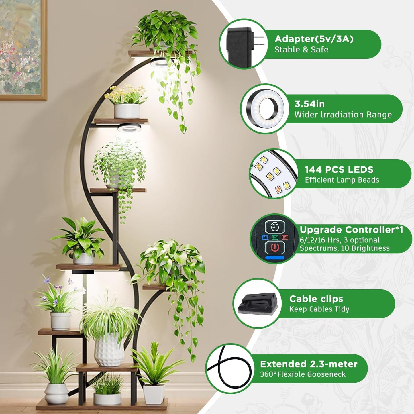 Tri-Head Grow Light for Indoor Plants, 10-Level Dimmable Plant Light with 6H/12H/16H Timer, 144 LEDs Full Spectrum Grow Lamp for Seedlings, 3 Lighting Modes, 7.5ft Long Cord for Under Cabinet, Shelves