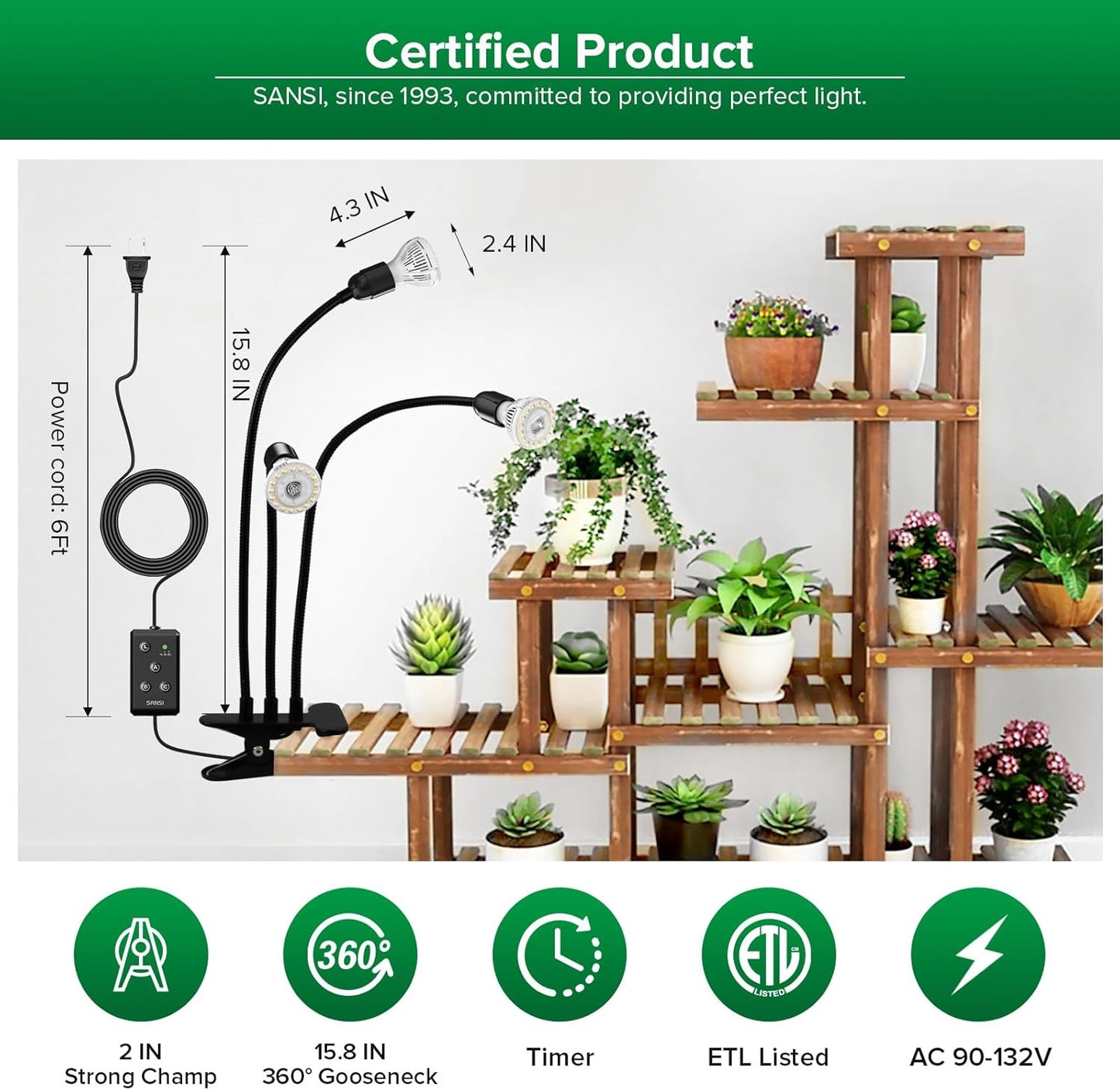 SANSI LED Grow Lights for Indoor Plants, Lifetime Free Bulb Replacement, 450W Full Spectrum 3-Gooseneck Clip Plant Grow Light, Plant Light with Timer 4/8/12 Hrs, High PPFD Growing Power Grow Lamp
