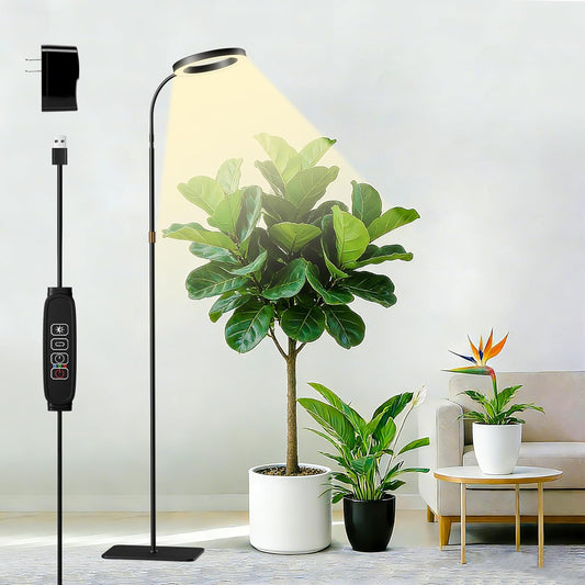 SDOVUERC Full Spectrum Grow Light with Stand for Indoor Plants, Floor Plant Light, 3/9/12H Timer, 3 Color Modes, Adjustable Height 16.5–67in, for Large Plants & Home Décor(1 Head)