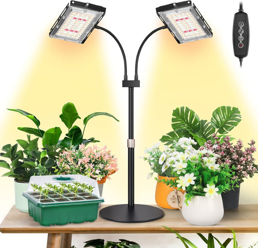 LBW Grow Light for Indoor Plant,Full Spectrum Dual Heads Desk Plant Light,Grow Lamp with 3H/6H/12H Timer,6-Level Brightness,3 Lighting Mode,Height Adjustable,Flexible Gooseneck,Ideal for Indoor Growth