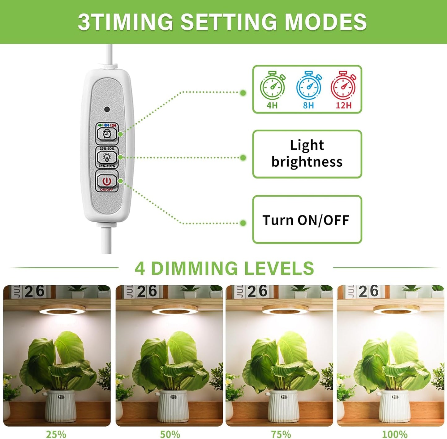 LORDEM 6.3" Bamboo Ceiling Grow Lamp for Indoor Plants, 216 LEDs Full Spectrum Halo Plant Light, Under Cabinet Grow Lights with 4/8/12H Auto Timer Switch Modes, 4 Dimmable Brightness Levels, Tri Head