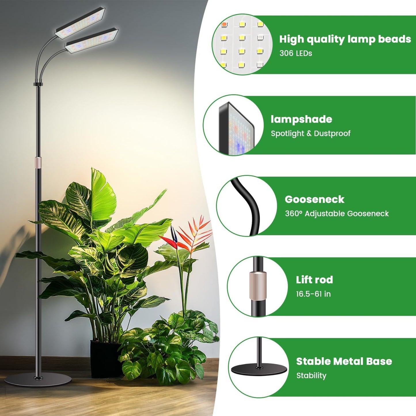 Wiaxulay Grow Light with Stand, Full Spectrum Floor Plant Lights for Indoor Growing, Height Adjustable 24-68, Ideal for Growing Large Plants, 4/8/12/16H Timer,3 Lighting Modes,306 LED (2 Heads)