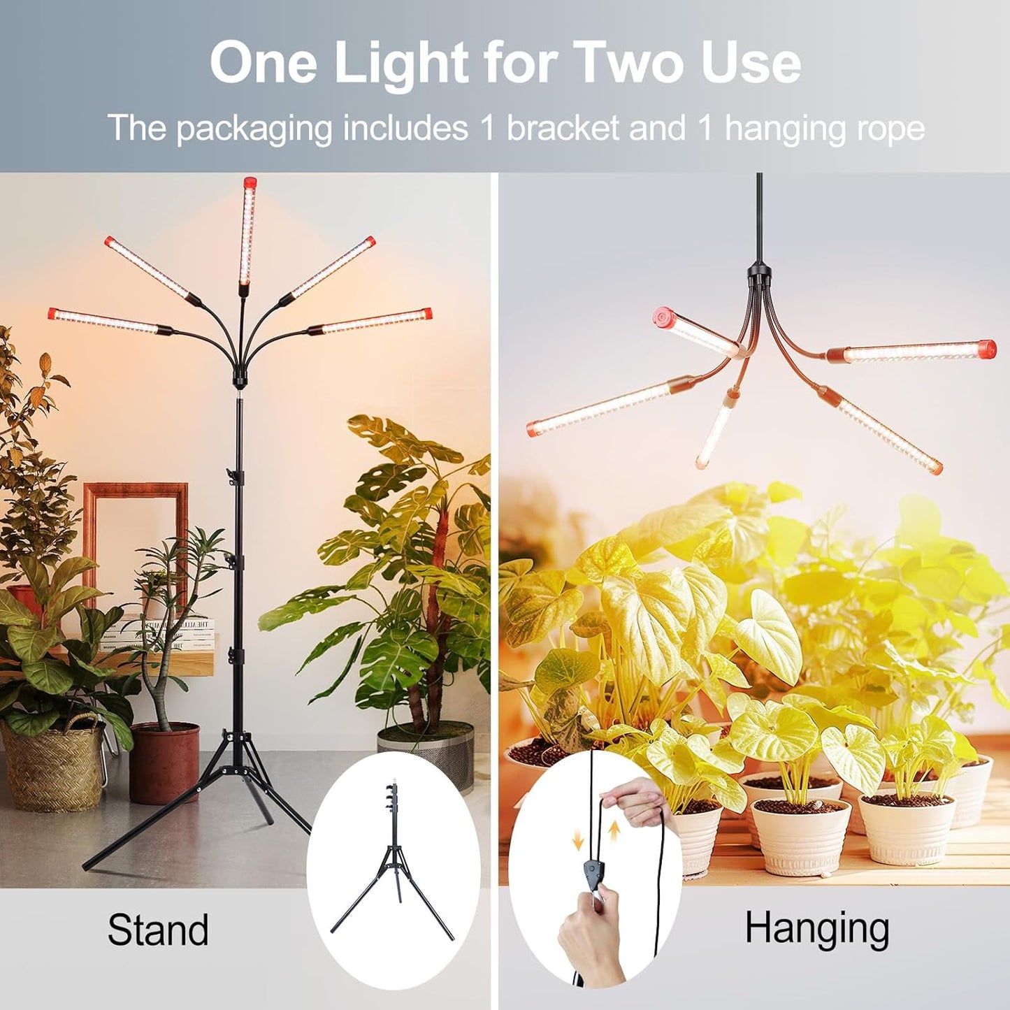 FECiDA Gamechanger! 45 Watt Power Draw, NO Need Adapter, 5Head Grow Light with Tripod Stand, 2026 Big Coverage LED Grow Lights for Indoor Tall Plants, Bonsai Tree, 4/8/12/16/20H Timer
