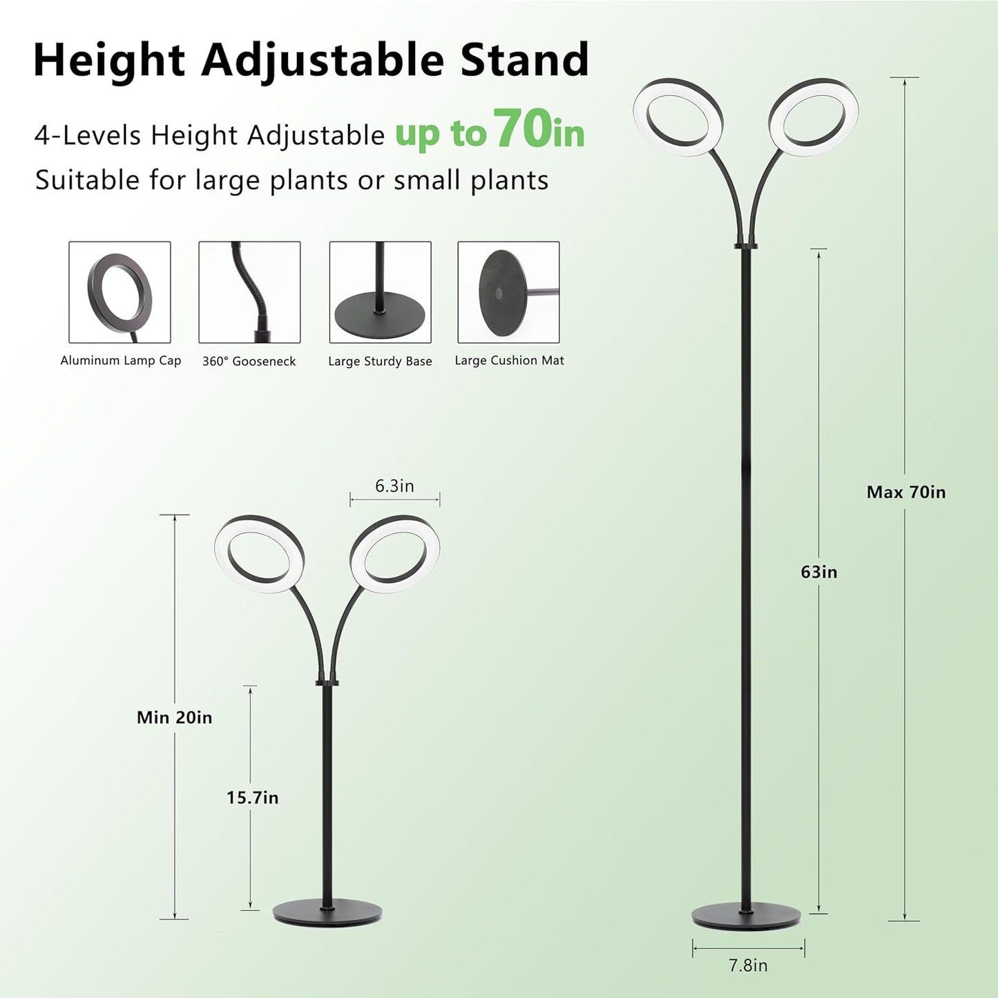 Grow Light for Indoor Plants, 2-Head Full Spectrum LED Tall Plant Lights with Timer, 3 Color Modes Standing Floor Growing Lamp, 70" Height Adjustable, 10 Dimmable Levels for Large Plants