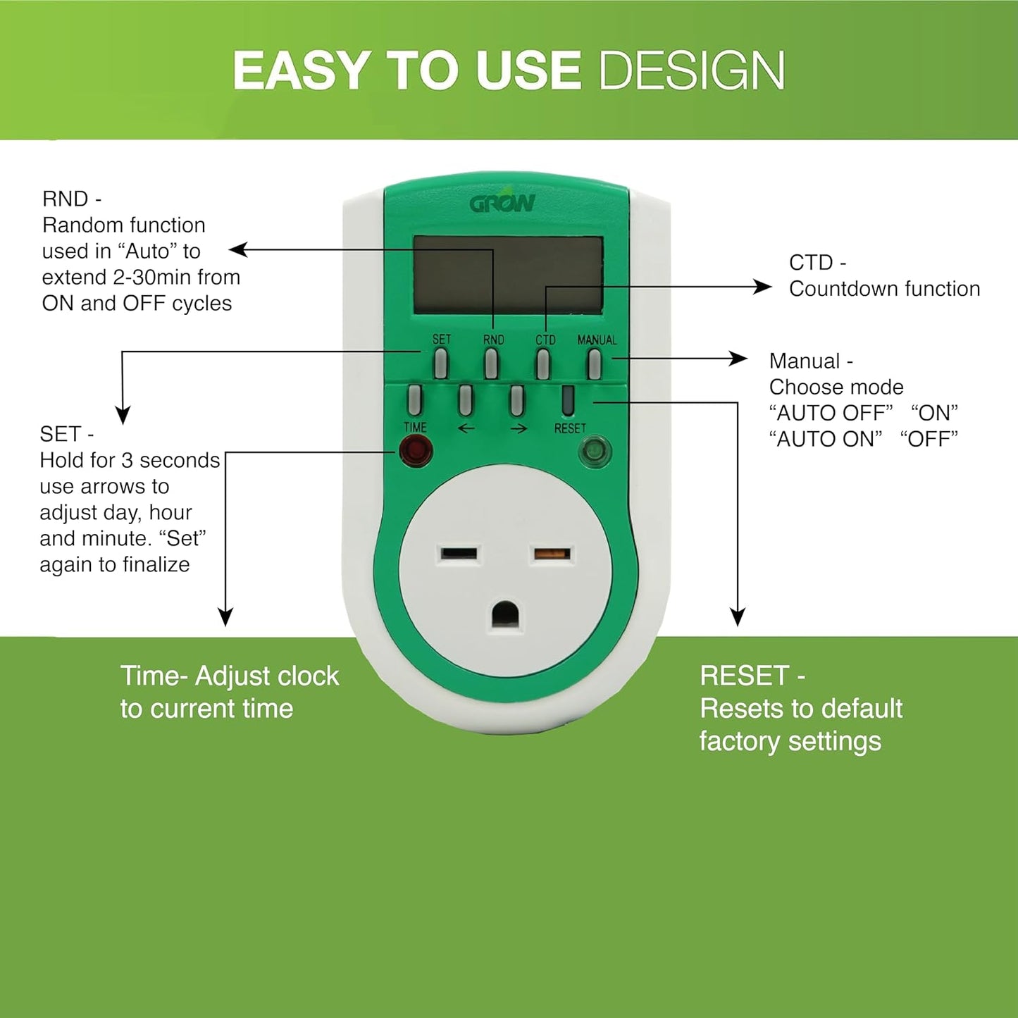 Grow1 240V Outlet Digital Timer, Single Outlet, 15A, Compatible with 220V, 230V & 240V Outlets, Great for Grow Lights, Reptile Enclosures & Aquarium Timer