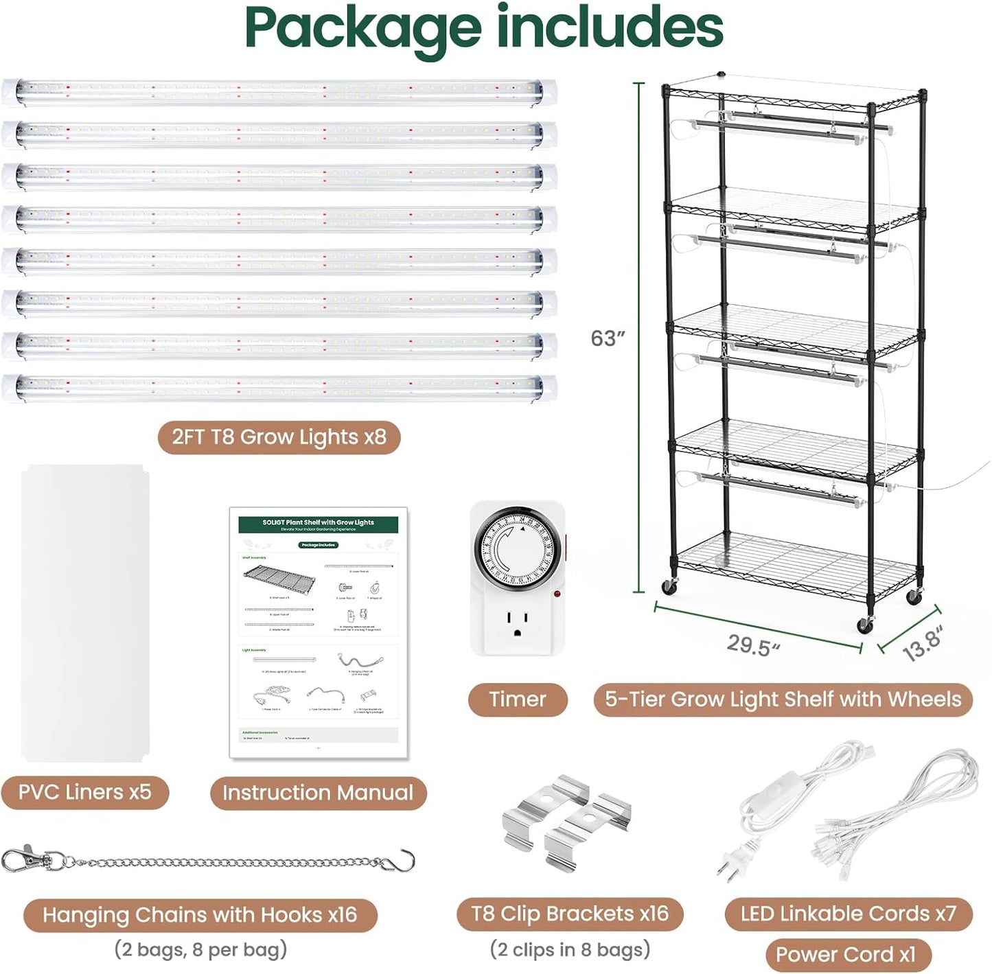 SOLIGT Plant Shelf with Grow Lights, 5 Tier Grow Light Stand Rack with 8 Pack 2FT 6000K T8 Full Spectrum Led Grow Lights for Indoor Plants, Seed Starting, Seedling Growing, Timer Included
