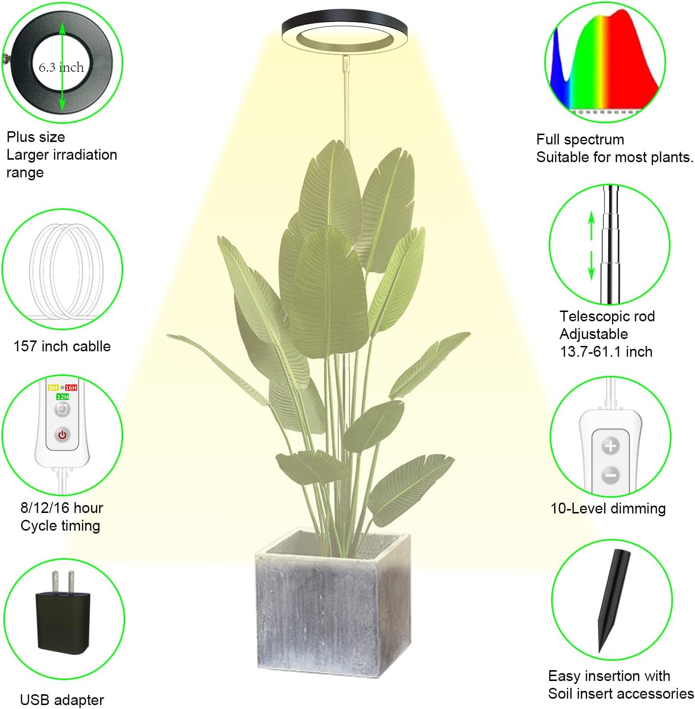 yadoker Plant Grow Light, LED Growing Light Full Spectrum for Indoor Plants,Height Adjustable, Automatic Timer, 5V Low Safe Voltage,Idea for Large Plant Light