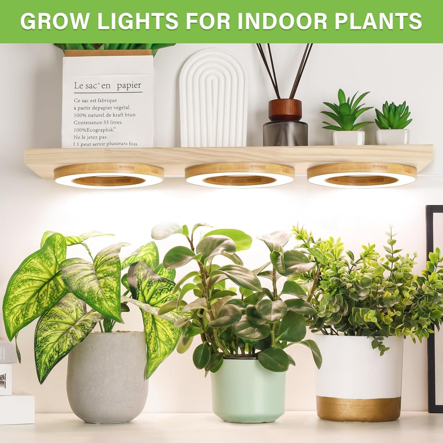 LORDEM 6.3" Bamboo Ceiling Grow Lamp for Indoor Plants, 216 LEDs Full Spectrum Halo Plant Light, Under Cabinet Grow Lights with 4/8/12H Auto Timer Switch Modes, 4 Dimmable Brightness Levels, Tri Head