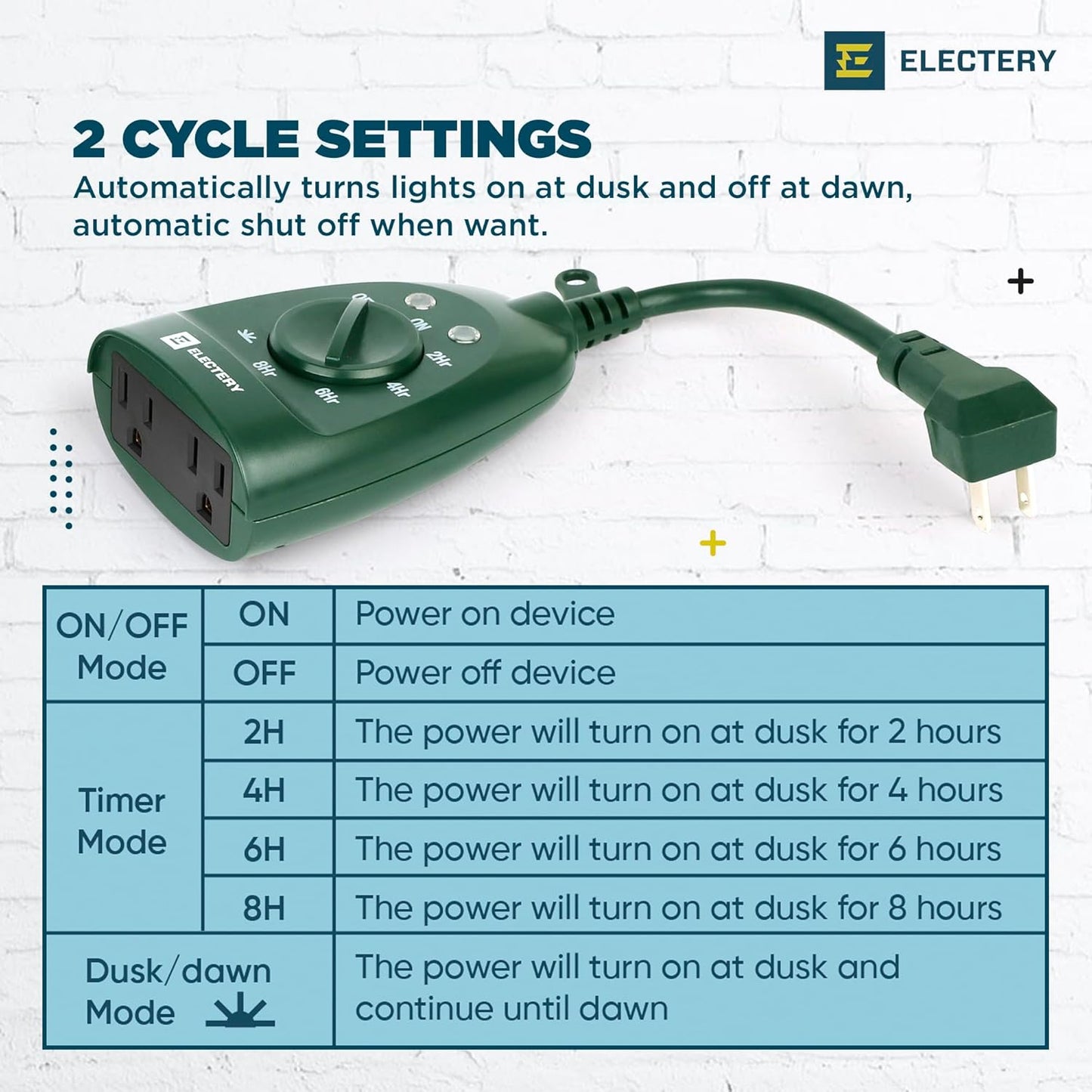 Outdoor Timer Outlet 2-Pack, Green Waterproof Dusk-to-Dawn Plug-in with Light Sensor, 24-Hour Mechanical Countdown, Heavy-Duty 15A UL Listed for Garden, Pool Pump, Holiday Lights