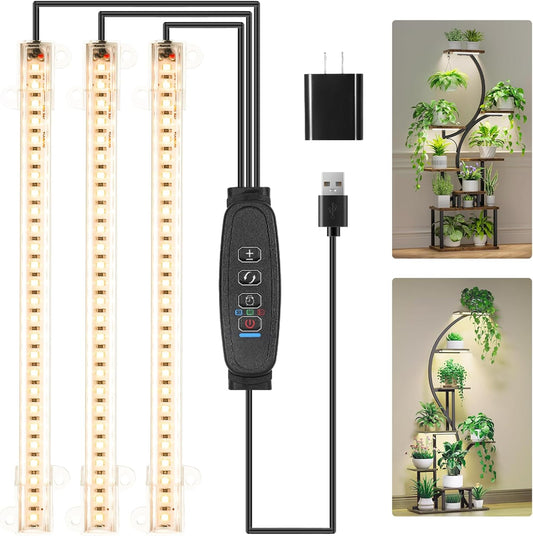 LED Grow Light Strips, Grow Lights for Indoor Plants Full Spectrum 3000K, 78 LEDs Plant Light with 3/9/12H Timer, 10 Dimmable Levels for Seedling Succulent and Plant Shelf, 3 Head 8.6 Inches