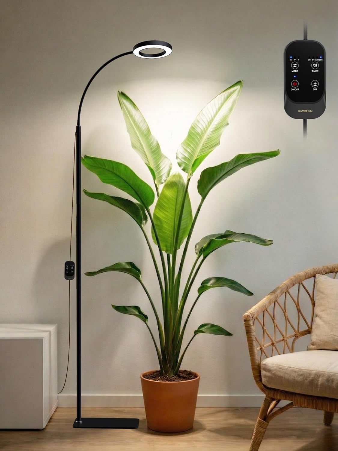 GLOWRIUM Grow Lights for Indoor Plants,20W Full Spectrum LED Plant Light with Stand,Adjustable Height,3/9/12H Timer,6 Dimmable Levels & 3 Lighting Modes (Black-Single Head)
