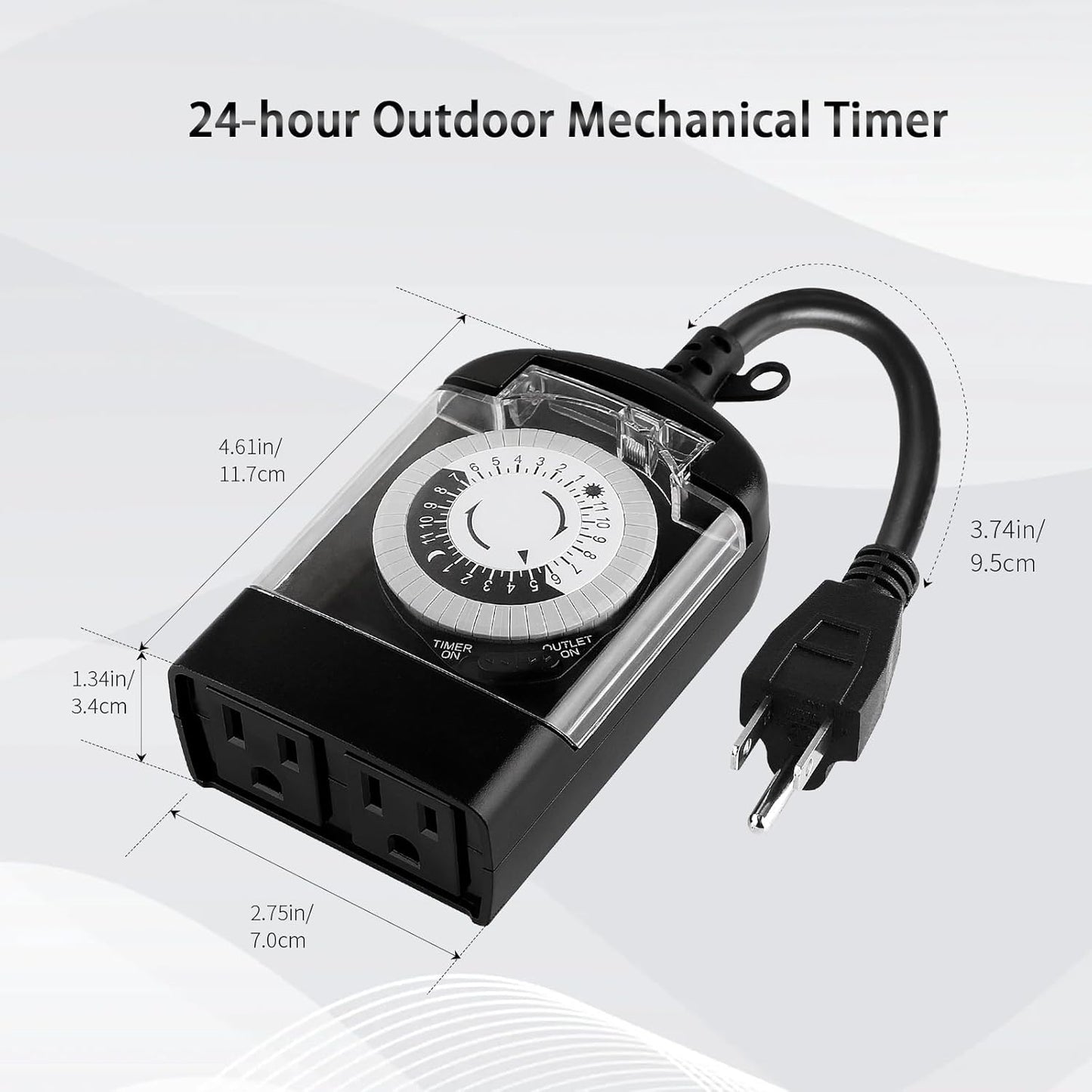 Outdoor Timer Outlet Waterproof, 24 Hour Mechanical Timer Outlet for Home and Garden, 2 Grounded, 15A 3/4HP, Black, 2 Pack