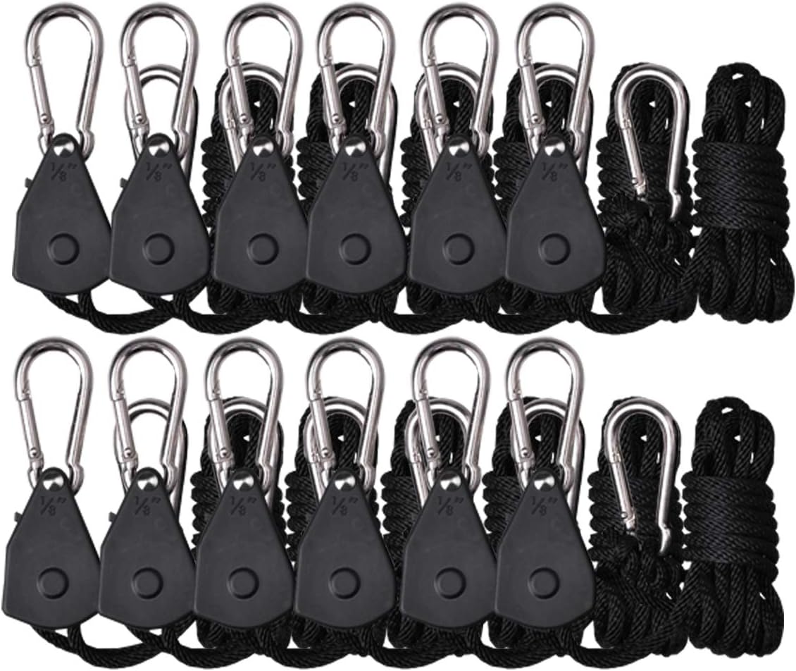 12PCS/6 Pairs Adjustable Rope Hanger Ratchet Grow Light Hangers 1/8'' 150lb Reinforced Internal Gears Ratchets, Loose-Proof Design for Grow Lights