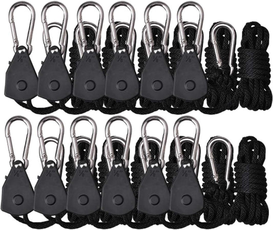 12PCS/6 Pairs Adjustable Rope Hanger Ratchet Grow Light Hangers 1/8'' 150lb Reinforced Internal Gears Ratchets, Loose-Proof Design for Grow Lights
