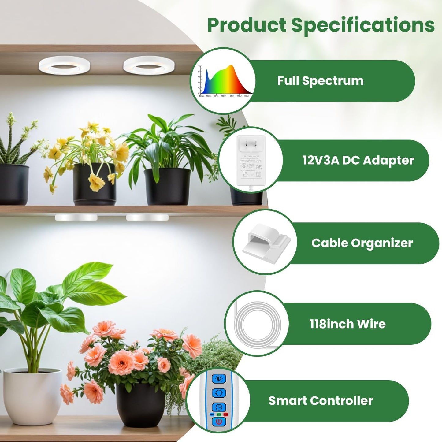 Kullsinss Plant Light, 6 Heads 12V3A Full Spectrum LED Grow Lights for Indoor Plants, 3.5" Under Cabinet Grow Lamp for Small Plants with 6/12/16H Auto Timer, 3 Spectrum Modes, 5 Brightness Levels