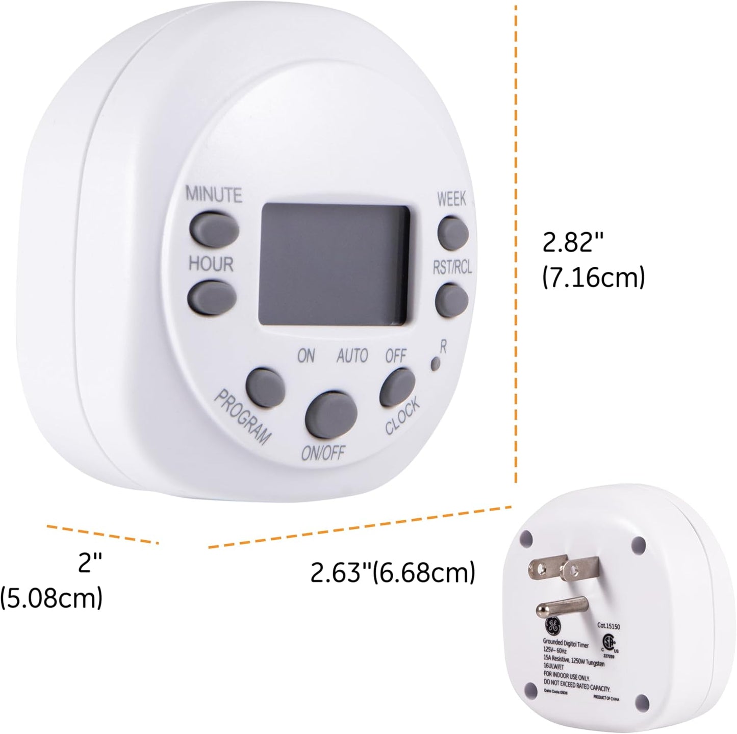 GE 7-Day Programmable Indoor Digital Timer, 1 Grounded Outlet, Weekly / 7 Day Cycle Plug for Electrical Outlets, 125 VAC Light, Plug, Lamp, White, 1 Pack, 15150