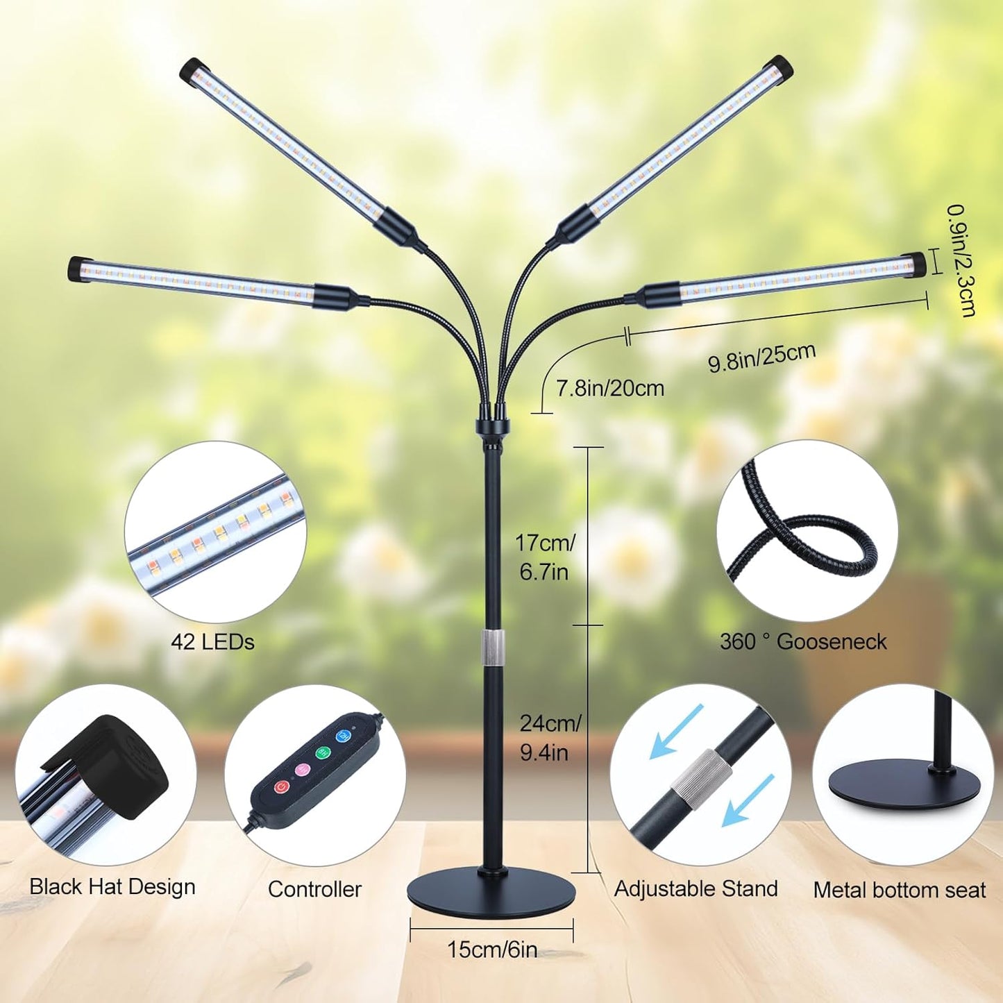 4Head Desk Grow Light, Tabletop LED Grow Lights for Indoor Plants for Bonsai, Seed Starting, Succulents, 36 Watt Power Draw, 4/8/12/16/20H Timer, 16"-24" Height Adjustable
