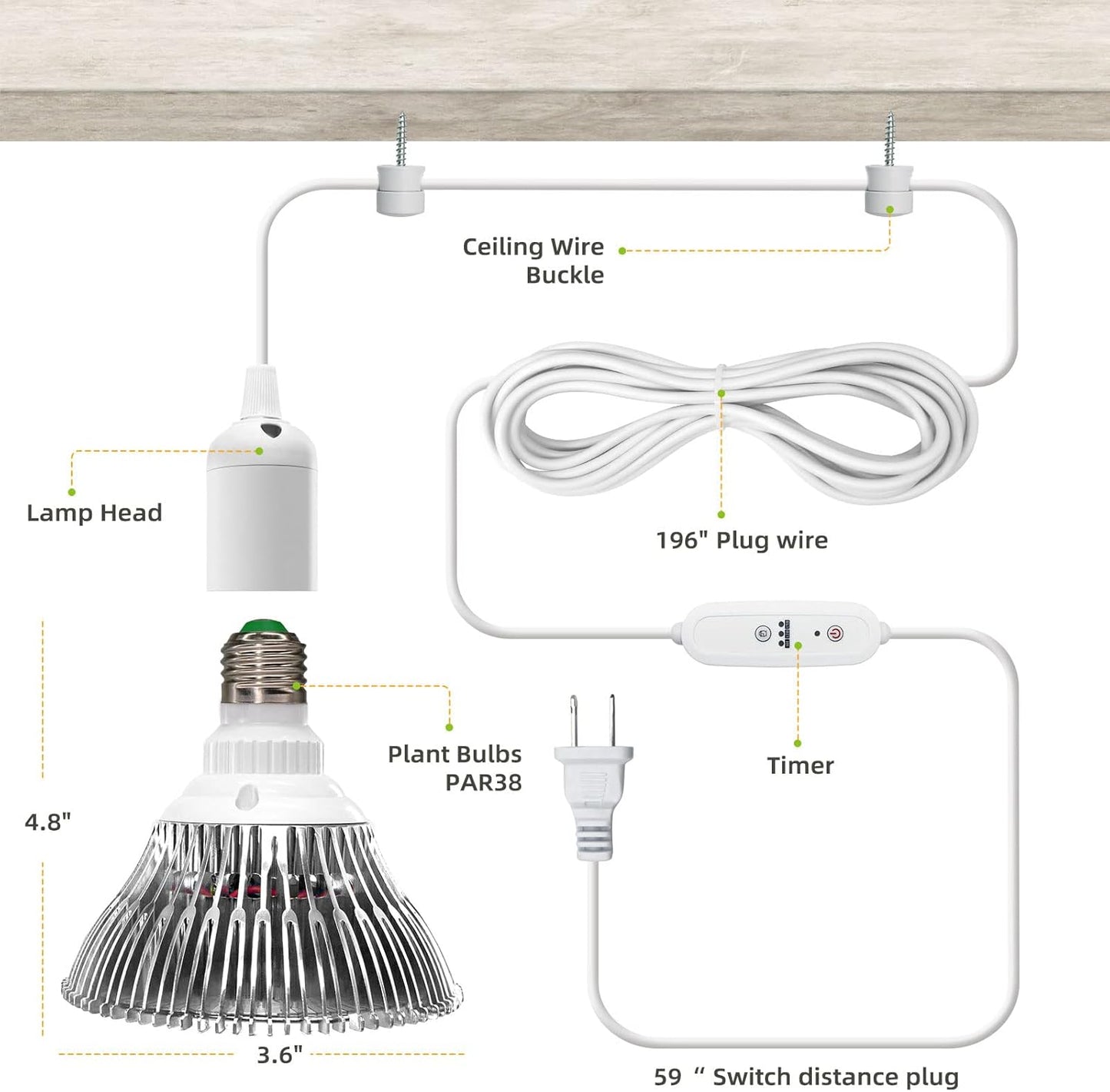 LED Grow Light Bulbs, Hanging Grow Lights for Indoor Plants, 25W 5000K, Height Adjustable Plant Light with Timer, Full Spectrum Grow Light Replace Sunlight for Large Tall Plant, Greenhouse