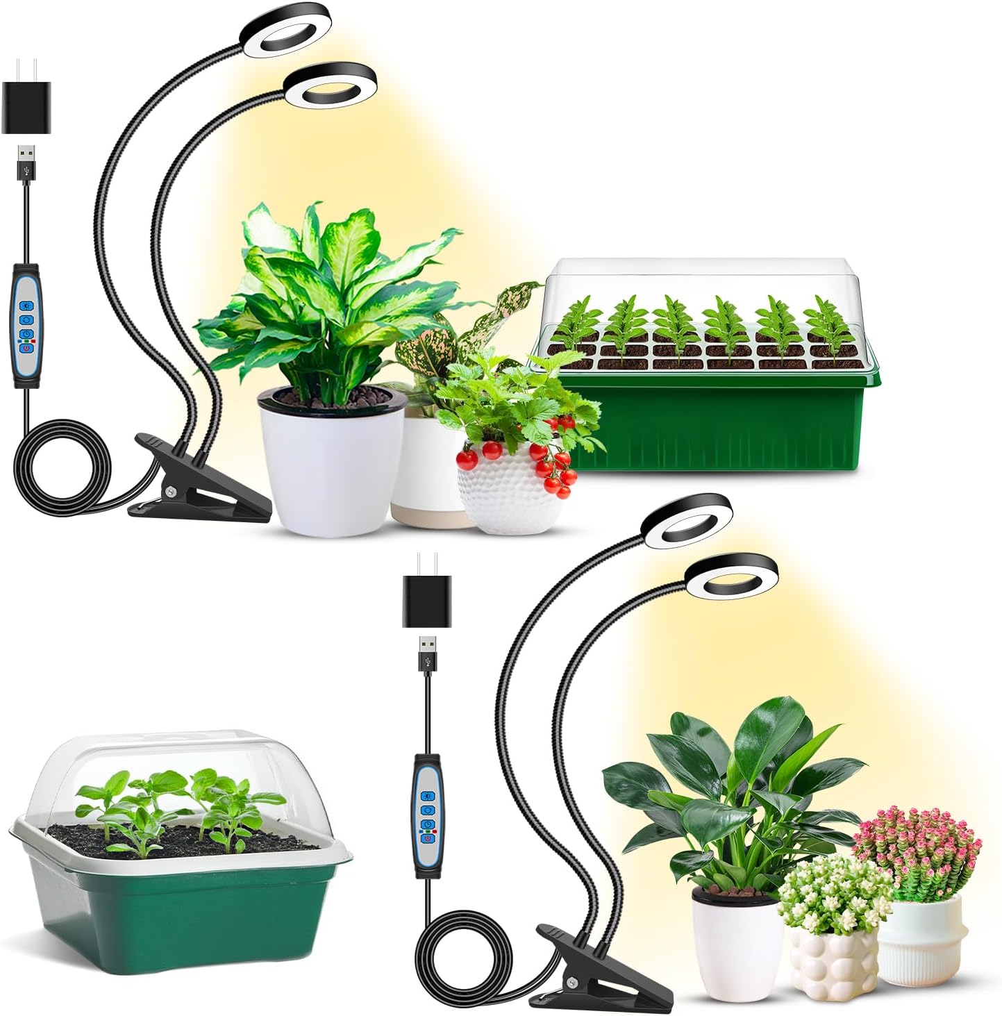 Plant Lights for Indoor Growing,2 in 1 Halo Grow Light with Clip,192 LED Full Spectrum Clip On Plant Grow Lights with 360°gooseneck,3 Spectrum Modes, 6/12/16Hrs Auto Time&5 Brightness 2 Pack