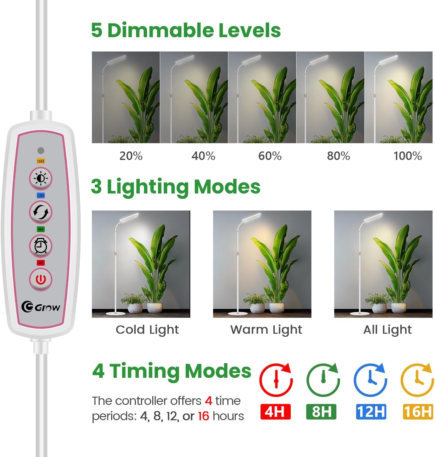 Wiaxulay Grow Lights for Indoor Plants, 153 LED Full Spectrum Plant Grow Light Floor Standing, Height Adjustable 24-68 in,4/8/12/16H Timer,3 Lighting Modes,5 Brightness for Growing Large Tall Plants