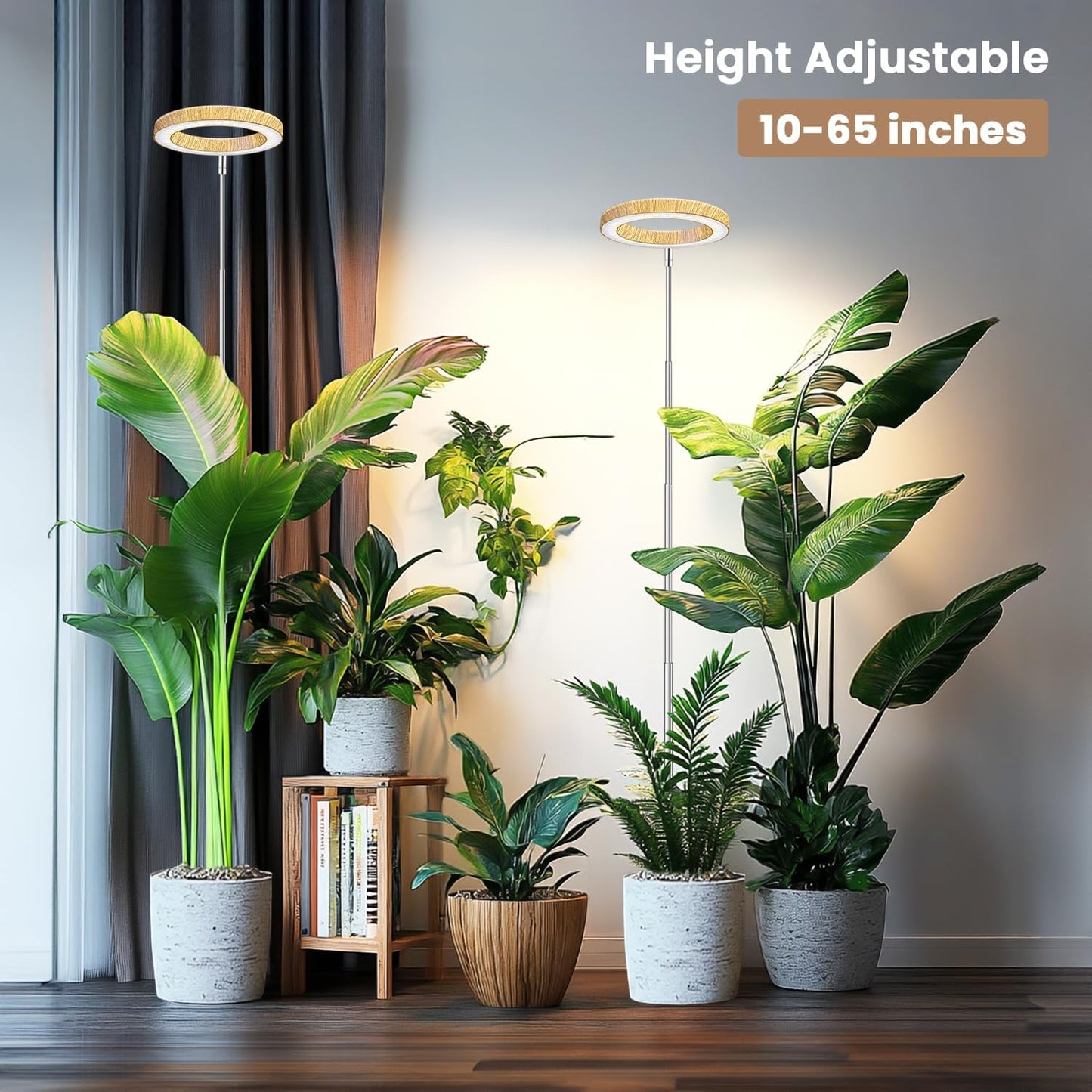 Kullsinss Grow Lights for Indoor Plants, Full Spectrum Plant Lights for Indoor Growing with 6/12/16H Timer, 3 Color Modes, 5 Brightness, 10"-65" Height Adjustable Wood Grain Plant Growing Lamp