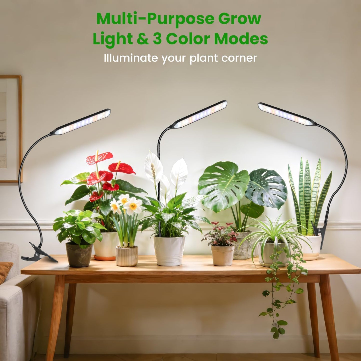 Garpsen Grow Light, 6000K Full Spectrum Plant Light with Timer 6/12/16Hrs, Rectangular Grow Lamp with Clip & Gooseneck for Indoor Plants, 3 Spectrums and 5 Dimmable, 2Pack
