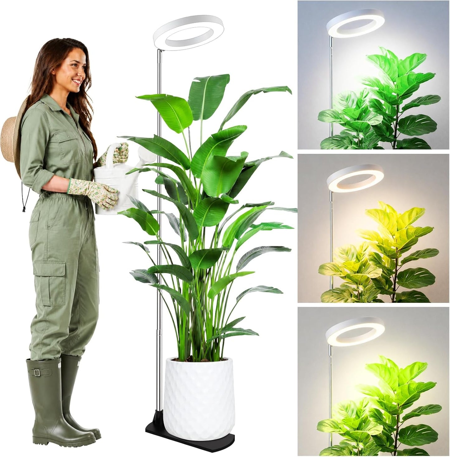 LBW Grow Lights for Indoor Plants, 6.3" Full Spectrum Plant Light with Base, 59" Height Adjustable Grow Lamp, 6/8/12/16H Auto Timer, 3 Light Colors, 5 Dimmable Levels, for Tall Large Plants, White